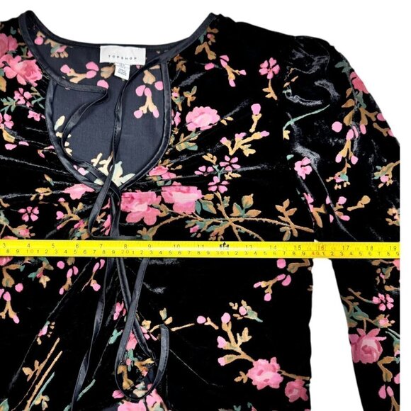 Boho Burntout Velvet Floral Crop Top Blouse Sz.S Black Bishop Sleeve Fairy Goth - Picture 5 of 11